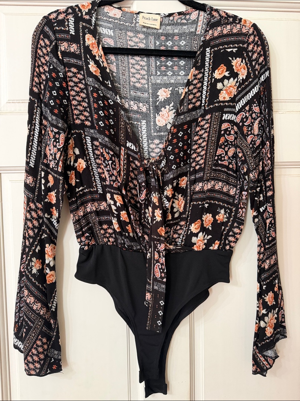 pistola Black Floral Tie-Front Long Sleeve Bodysuit